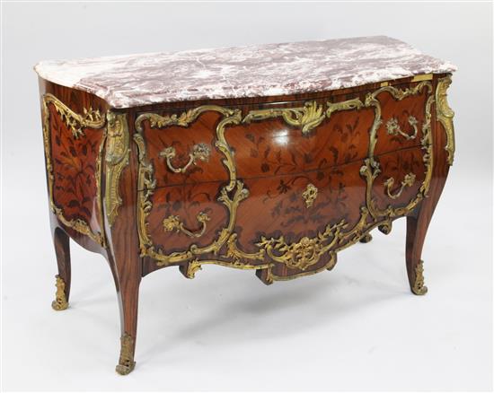 A Louis XV style kingwood floral inlaid and ormolu mounted bombe shaped commode, W.4ft 5.5in.